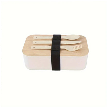 Lunch box bambou avec couverts, coloris blanc