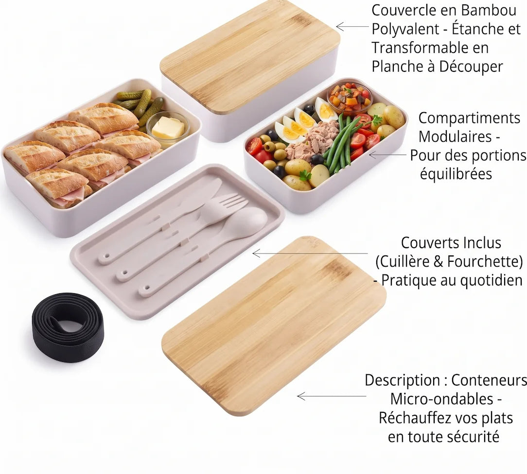 Lunch Box Bento 2 Compartiments avec Couverts – Étanche