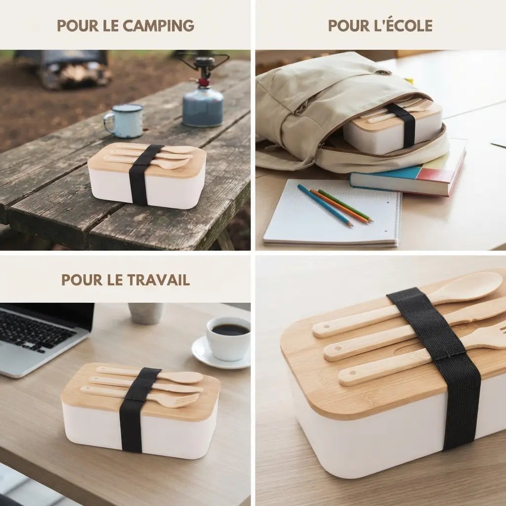 Lunch box bambou avec couverts – Pour le travail, l'école et le camping